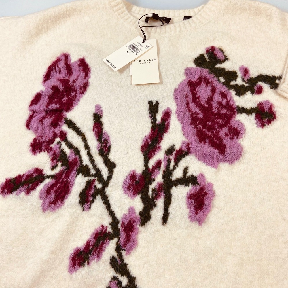 Ted Baker Women's XL Cream Floral Textured Wool Alpaca Blend Sweater NEW